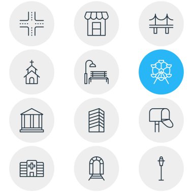 12 genel simgeler vektör Illustration. Gökdelen, Adliye, metro ve diğer öğeleri düzenlenebilir sürüsü.