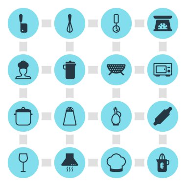 16 yemek simgeler vektör Illustration. Aşçı, kasap bıçağı, Corolla ve diğer öğeleri düzenlenebilir sürüsü.