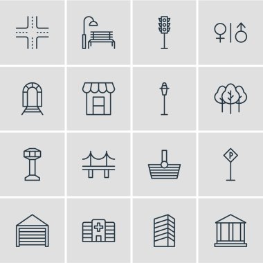 16 şehir simgeler vektör Illustration. Elektrik direği, Otopark, klinik ve diğer öğeleri düzenlenebilir sürüsü.