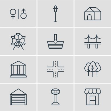 12 simgeler vektör Illustration. Kavşak, ev, tente ve diğer öğeleri düzenlenebilir paketi.