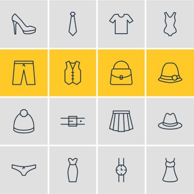 16 elbise simgeler vektör Illustration. Yelek, hazır giyim, abiye ve diğer öğeleri düzenlenebilir paketi.