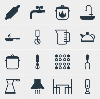 16 Restoran simgeler vektör Illustration. Aspiratör cihazı, ibrik, Barbekü aracı ve diğer öğeleri düzenlenebilir sürüsü.