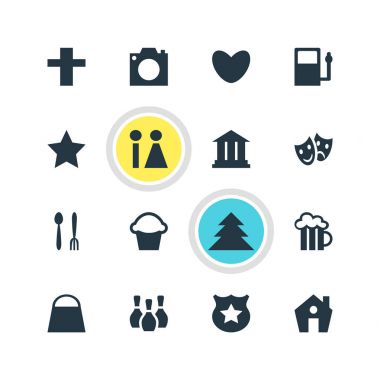 16 harita simgeler vektör Illustration. Üniversitesi, çapraz, orman ve diğer öğeleri düzenlenebilir sürüsü.