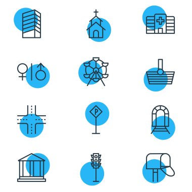 12 altyapı simgeler vektör Illustration. Sepet, yol işareti, tuvalet ve diğer öğeleri düzenlenebilir sürüsü.