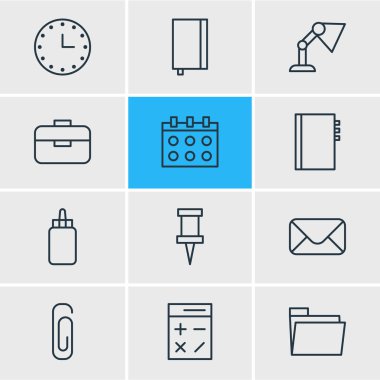 12 aletleri simgeler vektör Illustration. Işığı, defterini, dosya ve diğer öğeleri düzenlenebilir paketi.