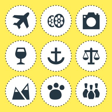9 harita simgeler vektör Illustration. Uçak, Film, fotoğraf ve diğer öğeleri düzenlenebilir paketi.