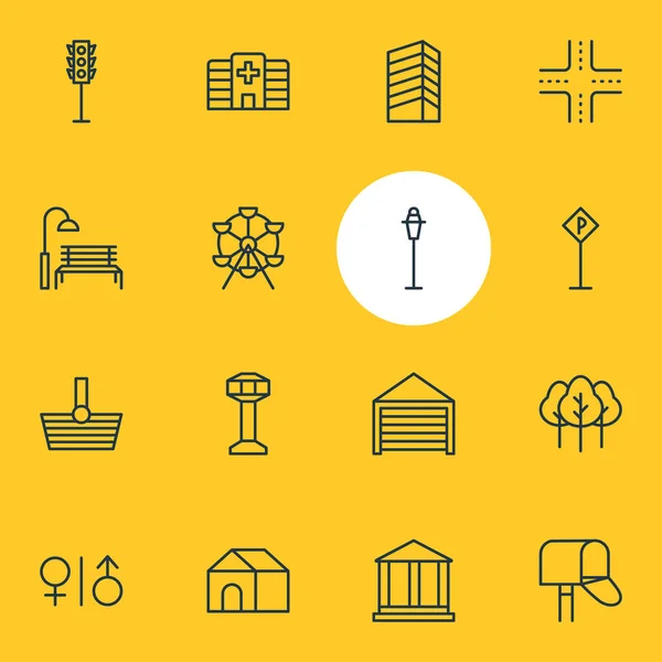 16 város ikonok vektoros illusztráció. Szerkeszthető csomag pad, kosár, felhőkarcoló, és egyéb elemek. — Stock Vector