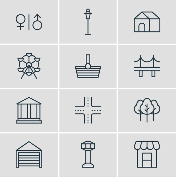 Vektoros illusztráció 12 ikonok. Szerkeszthető Pack kereszteződés, otthon, napellenző és egyéb elemek. — Stock Vector