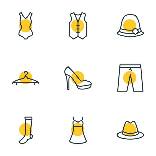 Illustration vectorielle de 9 icônes de vêtement. Pack modifiable de vestiaire, maillots de bain, gilet et autres éléments . — Image vectorielle