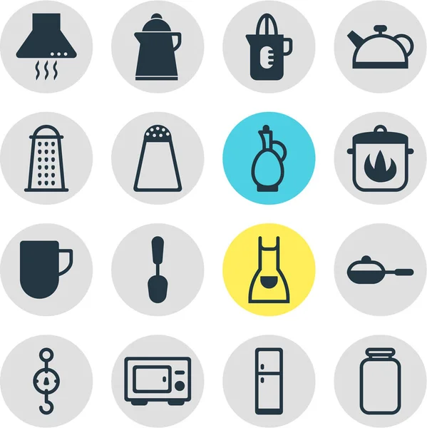 Ilustración vectorial de 16 iconos de utensilios de cocina. Paquete editable de taza de té, cucharada, refrigerador y otros elementos . — Archivo Imágenes Vectoriales