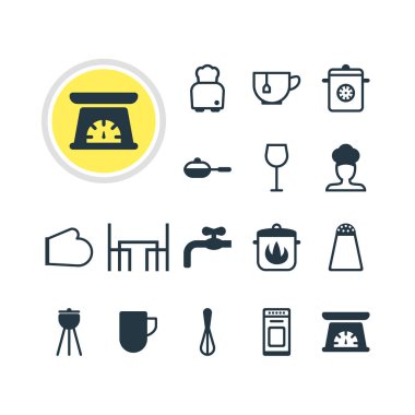 16 yemek simgeler vektör Illustration. Düzenlenebilir paket tenceresi, musluk, aşçı ve diğer öğeleri.