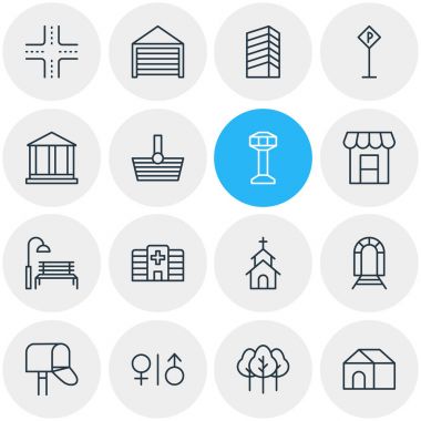 16 altyapı simgeler vektör Illustration. Düzenlenebilir paket ev, klinik, sepet ve diğer öğeleri.