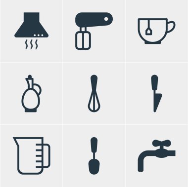 9 Restoran simgeler vektör Illustration. Musluk, mutfak hançer, sürahi ve diğer öğeleri düzenlenebilir paketi.