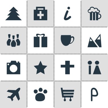 16 yerde simgeler vektör Illustration. Düzenlenebilir paket Kahve Dükkanı, uçak, bira bardağı ve diğer öğeleri.