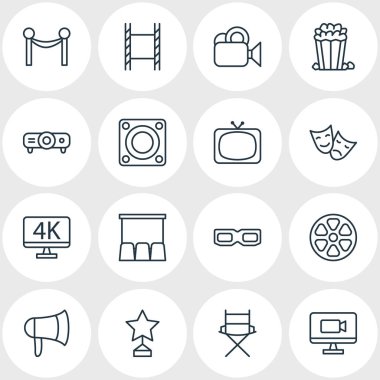 16 Film simgeler vektör Illustration. Televizyon, ödül, film şeridi ve diğer öğeleri düzenlenebilir paketi.