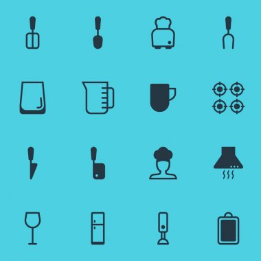 16 yemek simgeler vektör Illustration. Ekmek, Mikser, aşçı ve diğer öğeleri düzenlenebilir paketi.