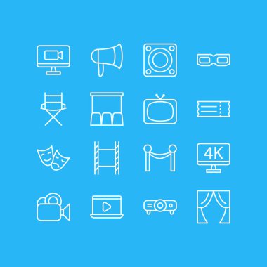 16 sinema simgeler vektör Illustration. Slayt gösterisi, çözünürlük, sinema çit ve diğer öğeleri düzenlenebilir paketi.