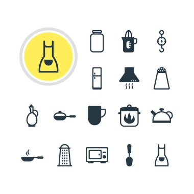 16 yemek simgeler vektör Illustration. Fırın, buzdolabı, konutlardan ve diğer öğeleri düzenlenebilir paketi.