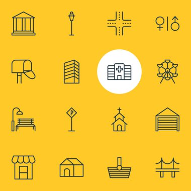 16 genel simgeler vektör Illustration. Tente, Bina, otopark ve diğer öğeleri düzenlenebilir paketi.