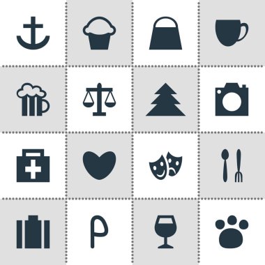 16 harita simgeler vektör Illustration. Düzenlenebilir paket bira bardağı, orman, kahvehane ve diğer öğeleri.