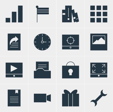 16 Internet simgeler vektör Illustration. Oynat düğmesini, belge dizini, yer imi ve diğer öğeleri düzenlenebilir paketi.