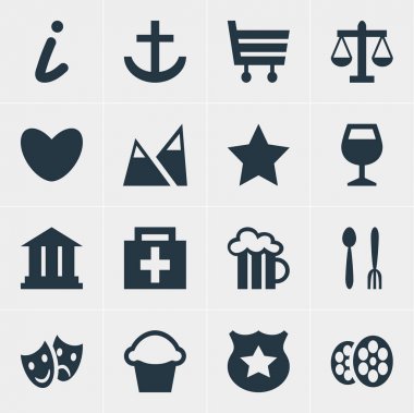 16 seyahat simgeler vektör Illustration. Kalp, alışveriş sepeti, maskeler ve diğer öğeleri düzenlenebilir paketi.