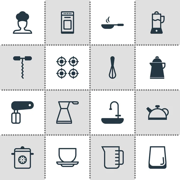 Ilustração vetorial de 16 ícones de utensílios de cozinha. Pacote editável de Steamer, Carafe, Forno e outros elementos . —  Vetores de Stock
