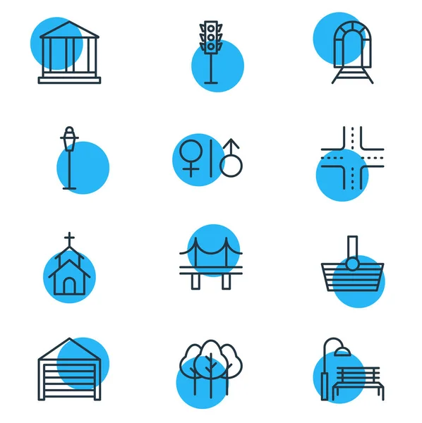 Vektorillustration von 12 Symbolen. editierbare Packung aus Laternenpfahl, Gebäude, Bank und anderen Elementen. — Stockvektor