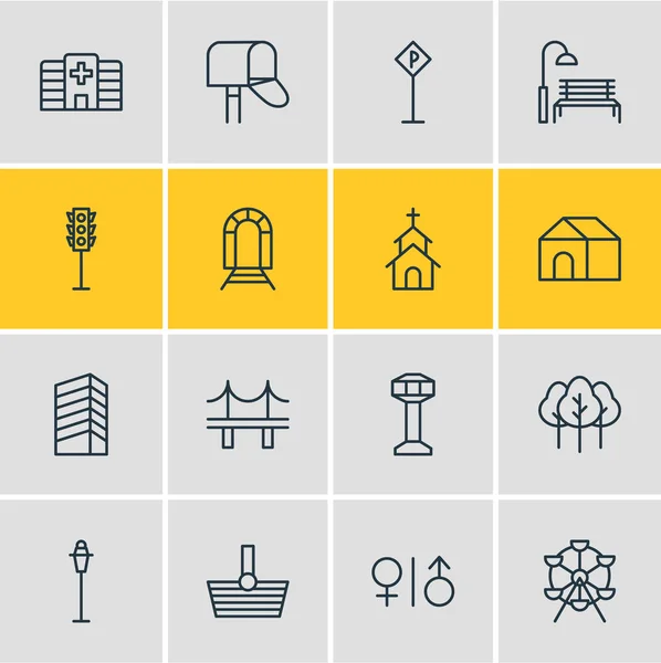 Ilustração vetorial de 16 ícones de infraestrutura. Pacote editável de cesta, floresta, banheiro e outros elementos . — Vetor de Stock