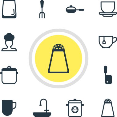 12 Restoran simgeler vektör Illustration. Kahve fincanı, kupa, aşçı ve diğer öğeleri düzenlenebilir paketi.