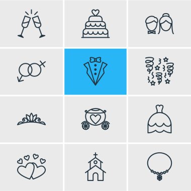 12 düğün simgeler vektör Illustration. Savaş arabası, cinsellik sembolü, pastane ve diğer öğeleri düzenlenebilir paketi.