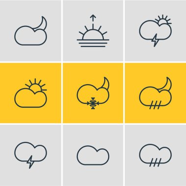 9 gökyüzü simgeler vektör Illustration. Fulminan düzenlenebilir paket, günbatımı, ay ay ve diğer öğeleri.