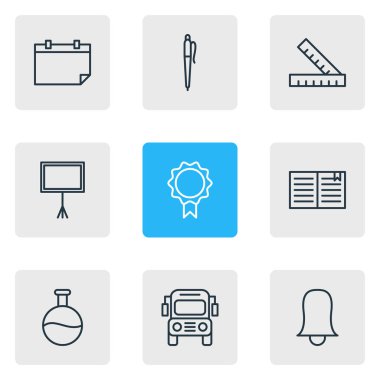 9 çalışmalar simgeler vektör Illustration. Kalem, kupa, ders kitabı ve diğer öğeleri düzenlenebilir paketi.