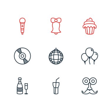 9 Bayramı simgeler vektör Illustration. Meşrubat, Dekorasyon, Karaoke ve diğer öğeleri düzenlenebilir paketi.