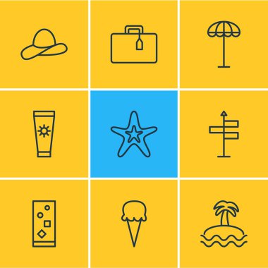 9 yaz simgeler vektör Illustration. Şemsiye, bavul, Balık ve diğer öğeleri düzenlenebilir paketi.