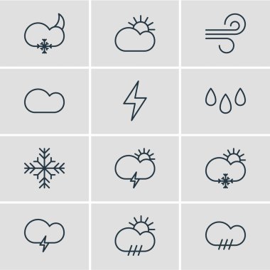 12 atmosfer simgeler vektör Illustration. Düzenlenebilir Paket atabilmek, kar, yıldırım ve diğer öğeleri.