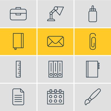 12 ileti örneği simgeler vektör Illustration. Portföy, defterini, arşiv ve diğer öğeleri düzenlenebilir paketi.