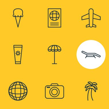 9 yaz simgeler vektör Illustration. Düzenlenebilir Pack Longue, şemsiye, sertifika ve diğer öğeleri.