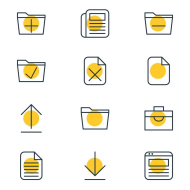 12 büro simgeler vektör Illustration. Belgenin, düzenlenebilir paketi onaylamak, ekleme ve diğer öğeleri.