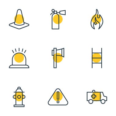 9 zorunluluk simgeler vektör Illustration. Ax, merdiven, emniyet ve diğer öğeleri düzenlenebilir sürüsü.