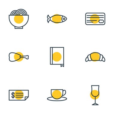 9 Cafe simgeler vektör Illustration. Deniz ürünleri, kart, bardağı ve diğer öğeleri düzenlenebilir paketi.