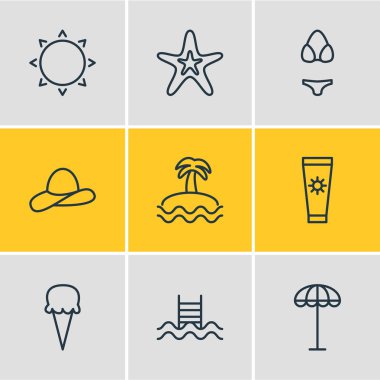 9 Sezon simgeler vektör Illustration. Palm, balık, kap ve diğer öğeleri düzenlenebilir paketi.