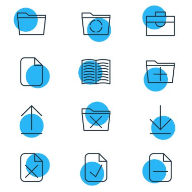 12 Office simgeler vektör Illustration. Ders kitabı, yükleme, şablonu ve diğer öğeleri düzenlenebilir paketi.