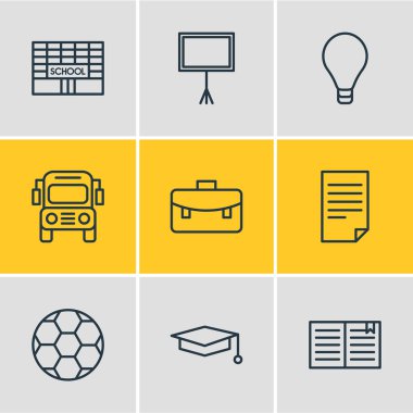 9 çalışmalar simgeler vektör Illustration. Portföy, düzenlenebilir paketi yazar tablo, ders kitabı ve diğer öğeleri.