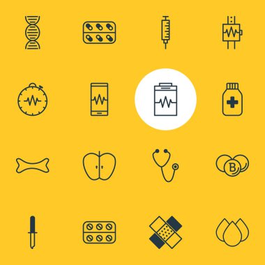 16 tıbbi simgeler vektör Illustration. Vaccinator, taze meyve, nabız ve diğer öğeleri düzenlenebilir sürüsü.