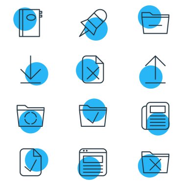 12 Office simgeler vektör Illustration. Onayla, kitap, sayfa ve diğer öğeleri düzenlenebilir paketi.