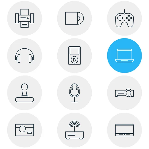 Illustration vectorielle de 12 icônes d'appareils. Pack modifiable de Modem, Joypad, contrôleur de jeu et autres éléments . — Image vectorielle