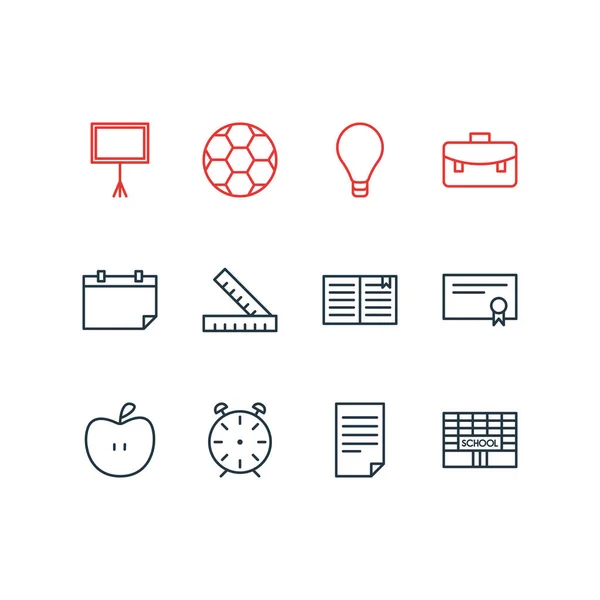 Vektorillustration av 12 studier ikoner. Redigerbara Pack av frukt, skriva tabell-, portfölj- och andra element. — Stock vektor