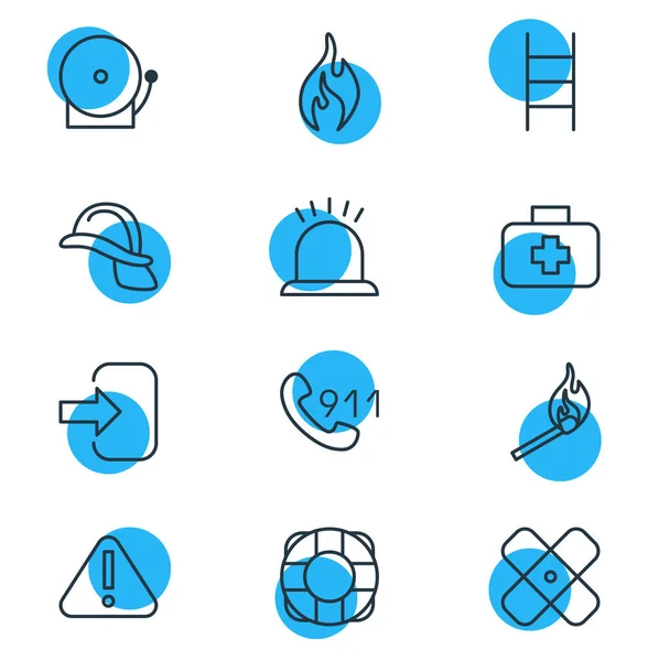 Ilustración vectorial de 12 iconos de necesidad. Paquete Editable De Fuego, Hardhat, Caso Médico Y Otros Elementos . — Archivo Imágenes Vectoriales