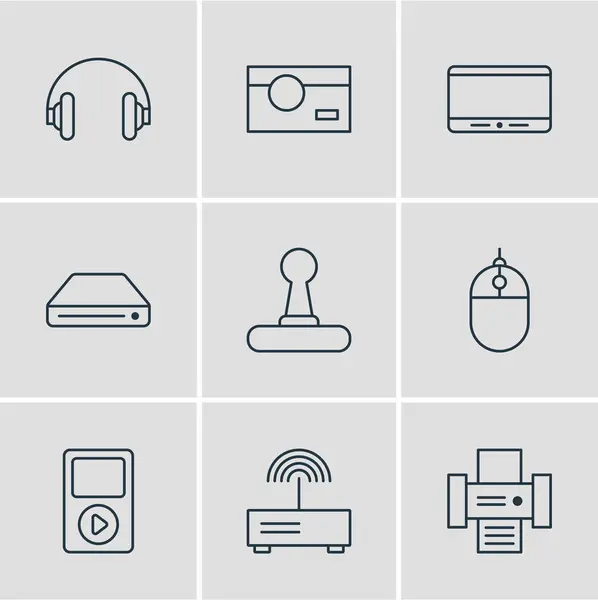 Illustration vectorielle de 9 icônes technologiques. Pack modifiable de stockage de mémoire, modem, casque et autres éléments . — Image vectorielle